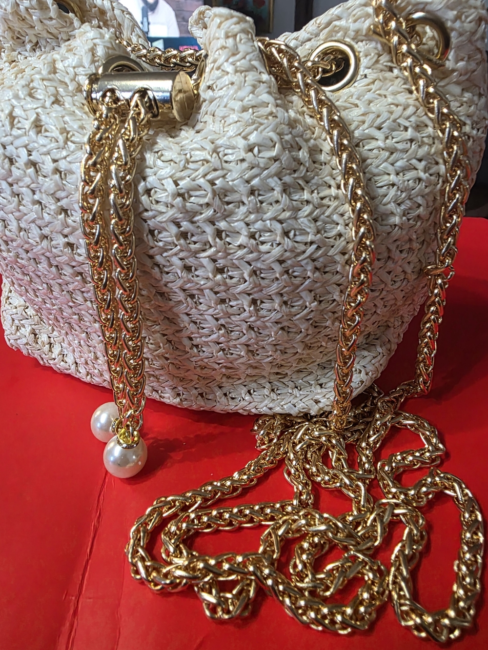 Woven Cream Straw Drawstring Bag with Gold Chain and Pearls